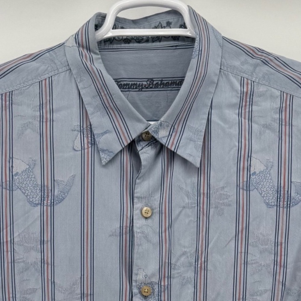 Tommy Bahama Mens XXL Blue Koi Fish Striped Cotton Silk Long Sleeve Button Shirt